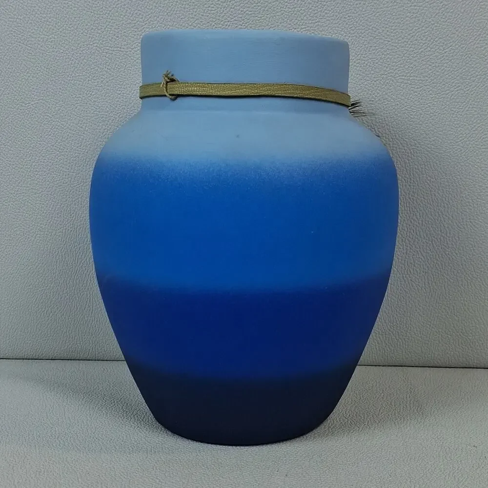 Monague Native Crafts Handcrafted Blue Ombre Ceramic Vase Urn Feathers Beads